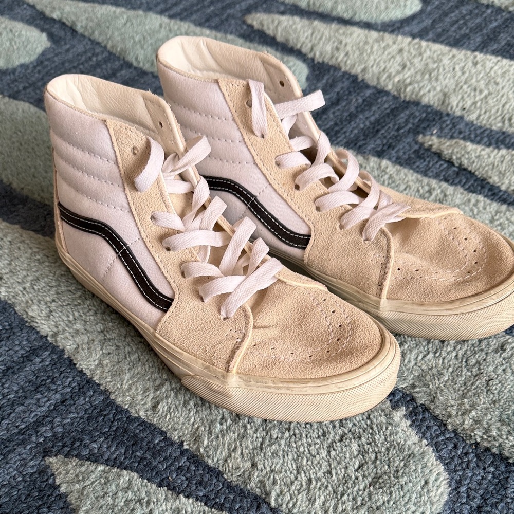 Vans Kid’s/Women's Sk8-Hi High-Top Sneakers - Cream and white, canvas/ suede.